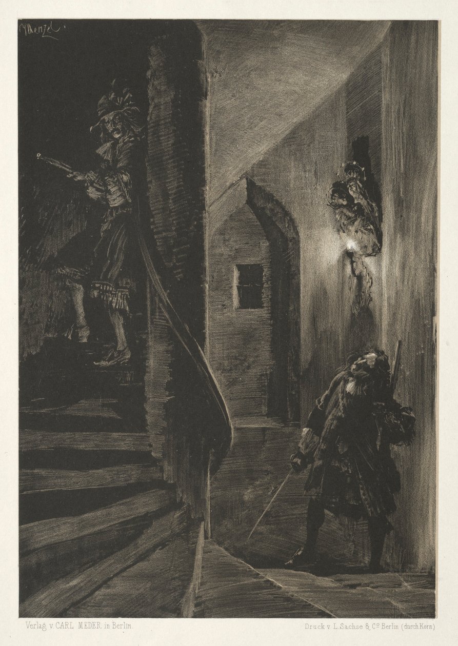 Ensaio sobre pedra com pincel e raspador: Chase on the Winding Staircase, 1851. de Adolph Menzel