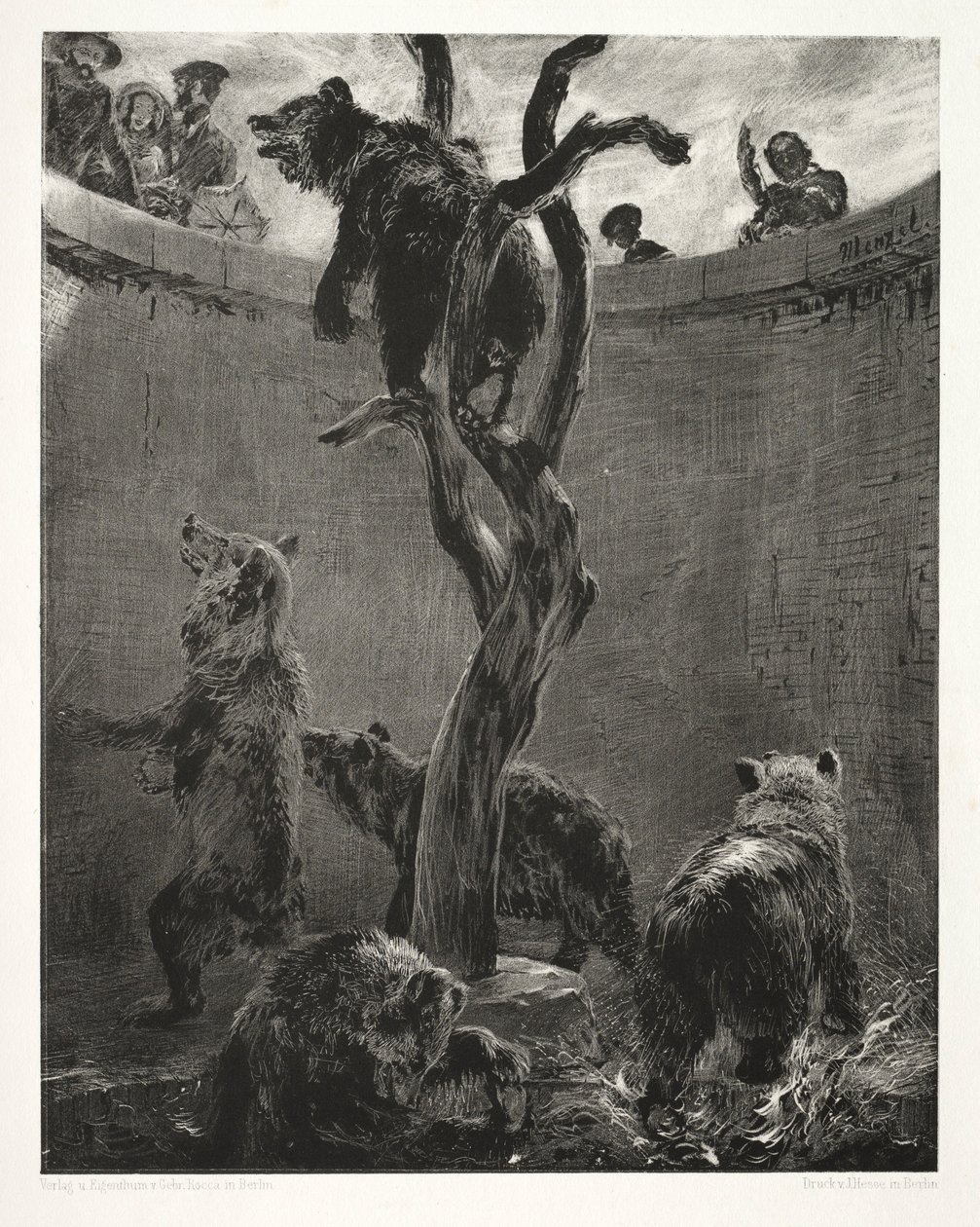 Ensaio sobre pedra com pincel e raspador: The Bear Pit, 1851. de Adolph Menzel