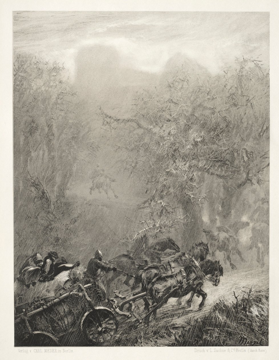 Ensaio sobre pedra com pincel e raspador: O comboio de prisioneiros por um bosque, 1851. de Adolph Menzel