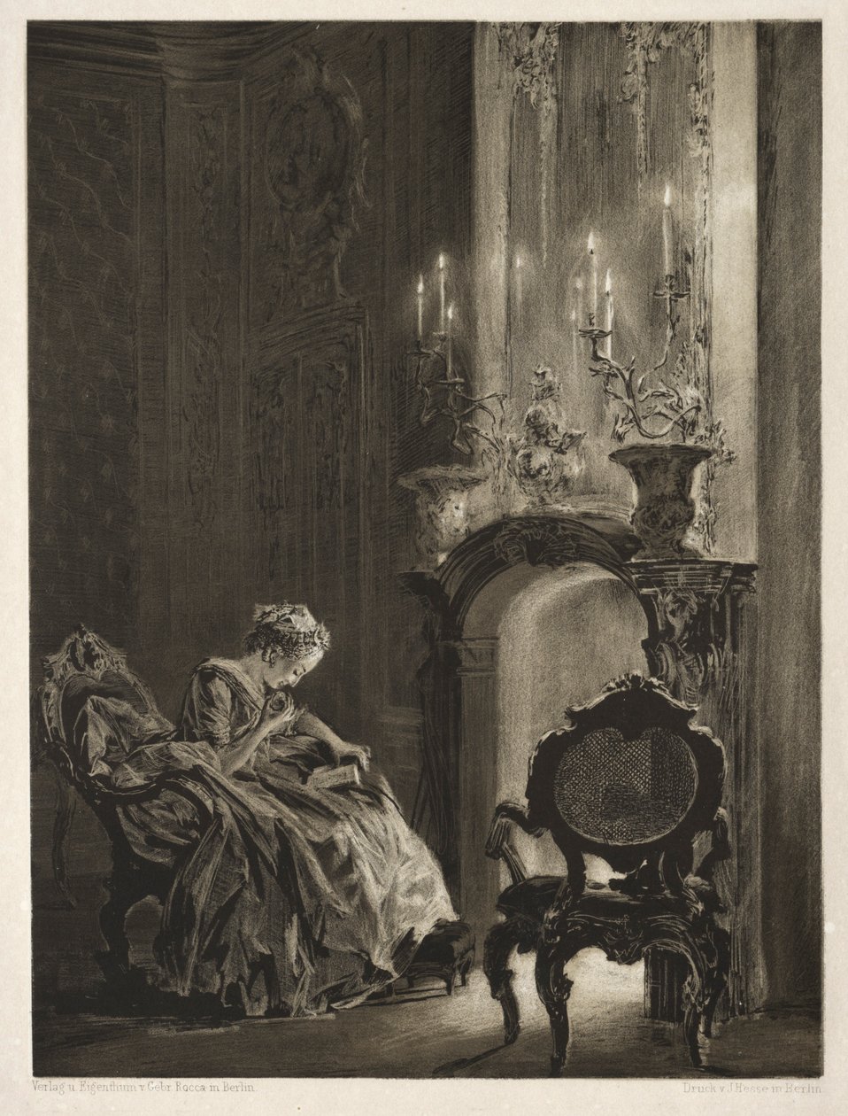 Ensaio sobre pedra com pincel e raspador: Woman Reading at the Fireside, 1851. de Adolph Menzel