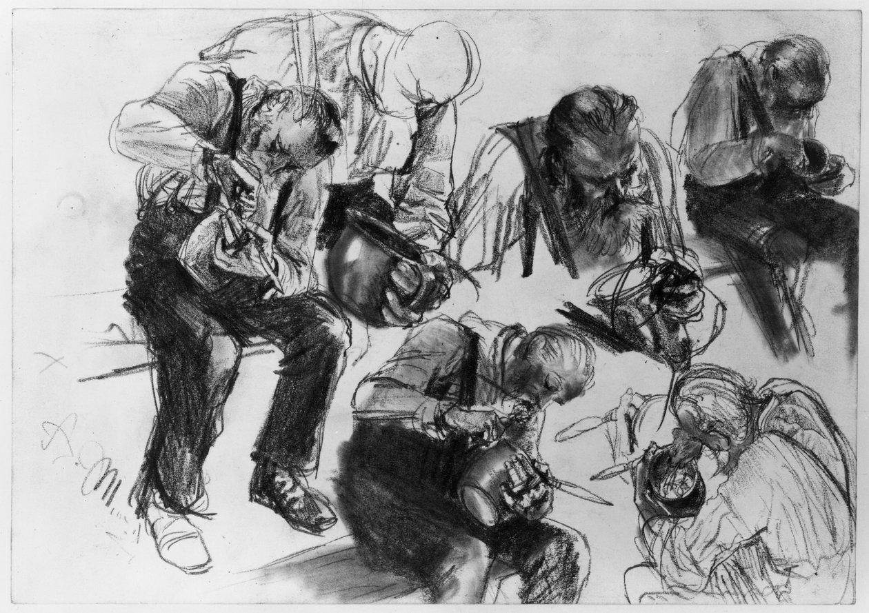 Trabalhador a comer, em várias perspetivas. Estudo para «Laminagem de ferro. Ciclopes modernos» de Adolph Menzel