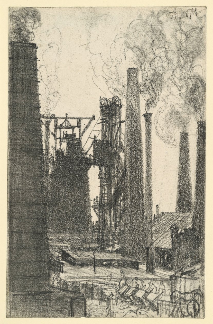 Praça da fábrica com chaminés fumegantes (Königshütte?) de Adolph Menzel