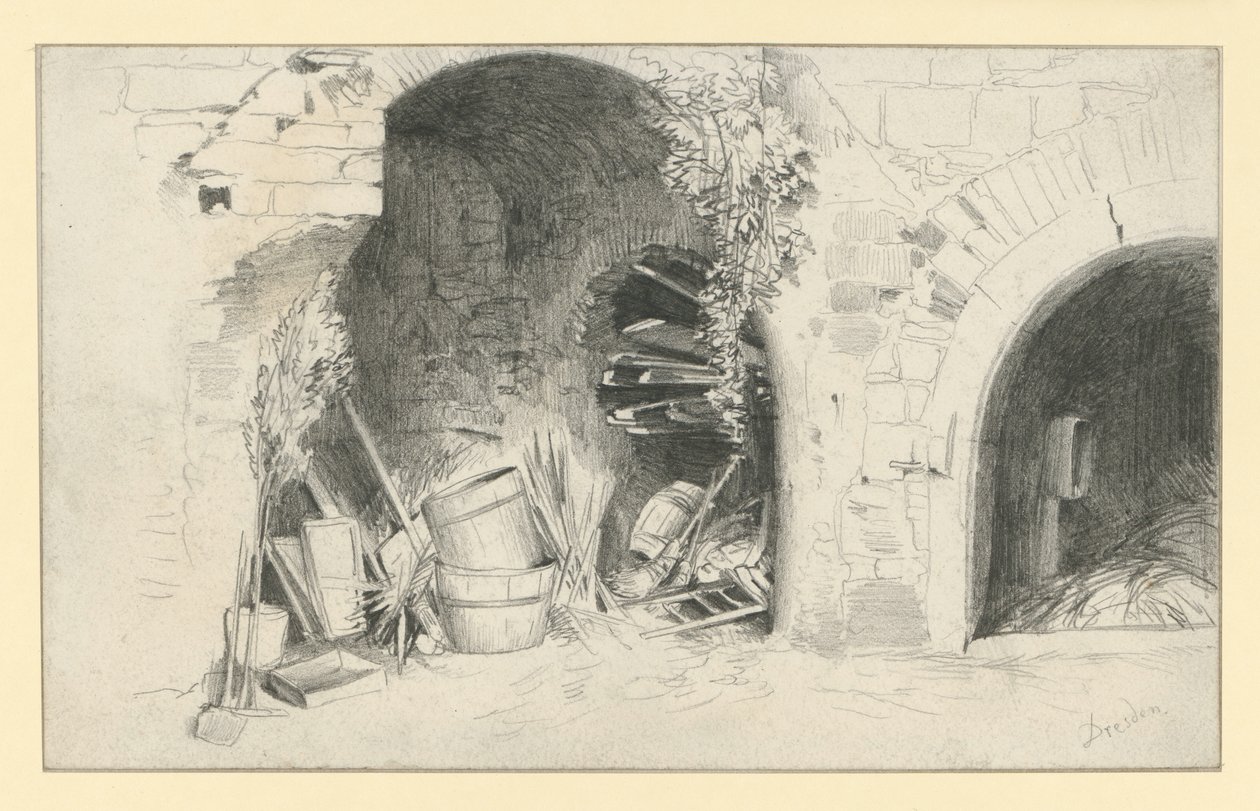 Barris e tábuas sob os arcos da Jungfernbastei, em Dresden de Adolph Menzel