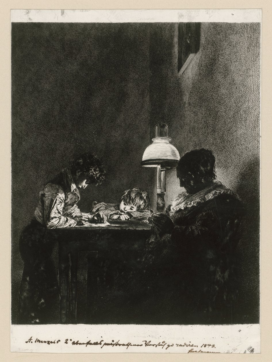 Família junto à lâmpada de Adolph Menzel