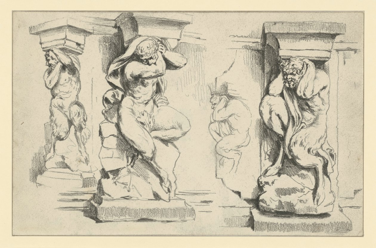Consolas com figuras de faunos na galeria arqueada do lado sudoeste do Zwinger, em Dresden de Adolph Menzel