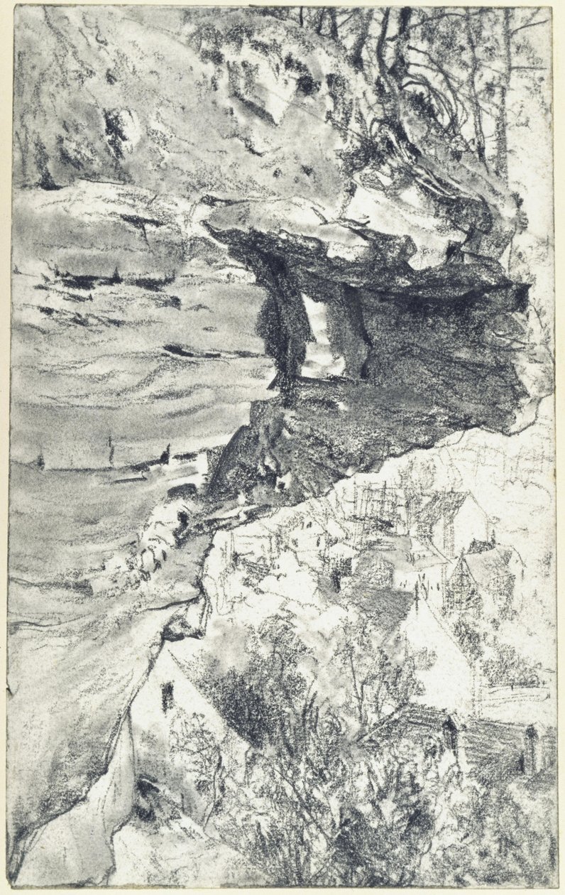 Saliência rochosa com uma aldeia ao fundo (Suíça da Saxónia) de Adolph Menzel