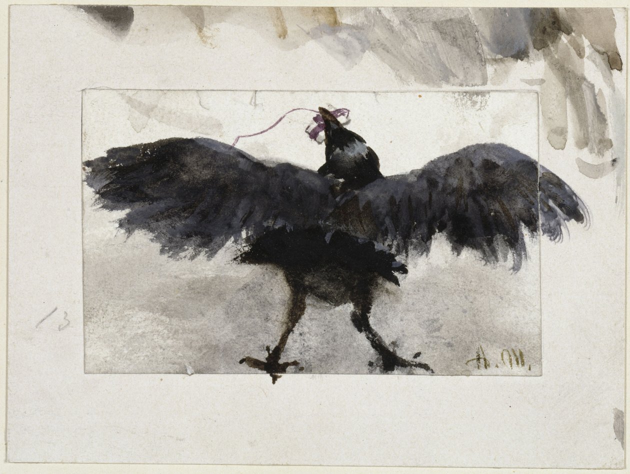 Corvo a voar com um pacote no bico de Adolph Menzel