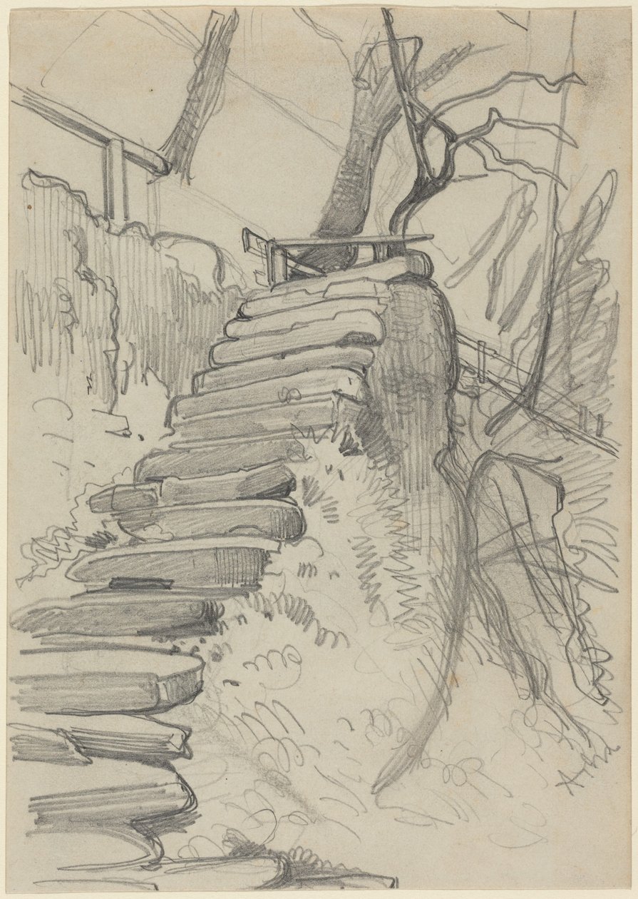 Escadaria de pedra num jardim de Adolph Menzel