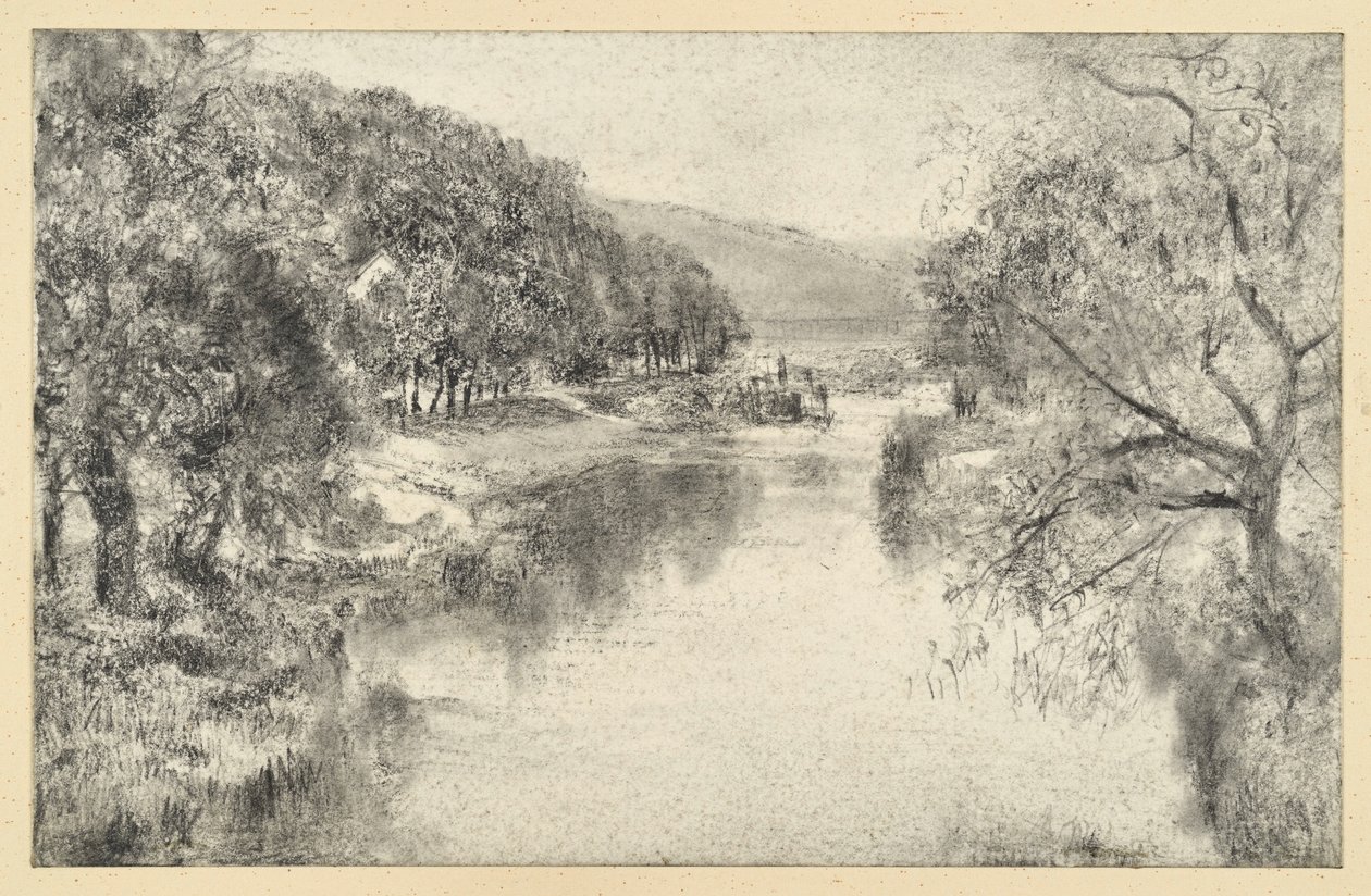 Paisagem fluvial com alameda de Adolph Menzel