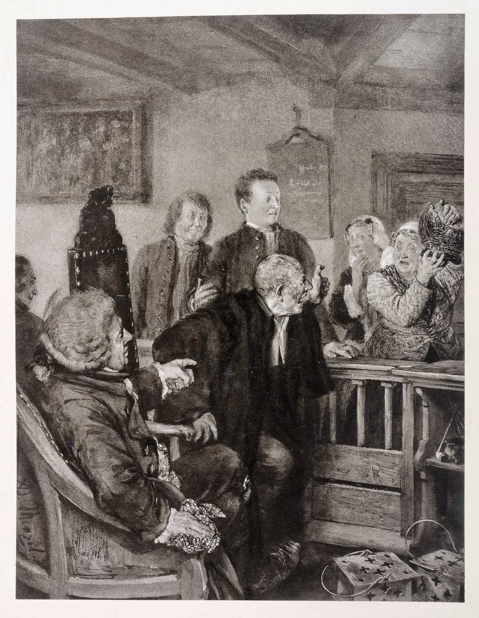 A acusação da Sra. Marthes, sobre «O jarro partido», de Heinrich von Kleist de Adolph Menzel