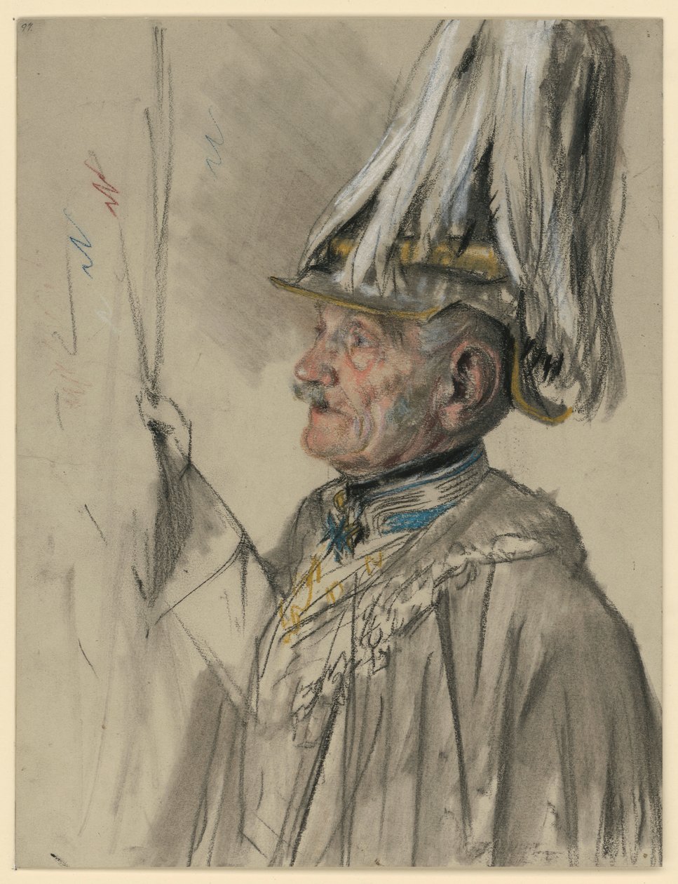 Friedrich Graf von Wrangel com casaco, elmo e pluma, quase de perfil para a esquerda, esboço de retrato para «A Coroação de Guilherme I em Königsberg» de Adolph Menzel