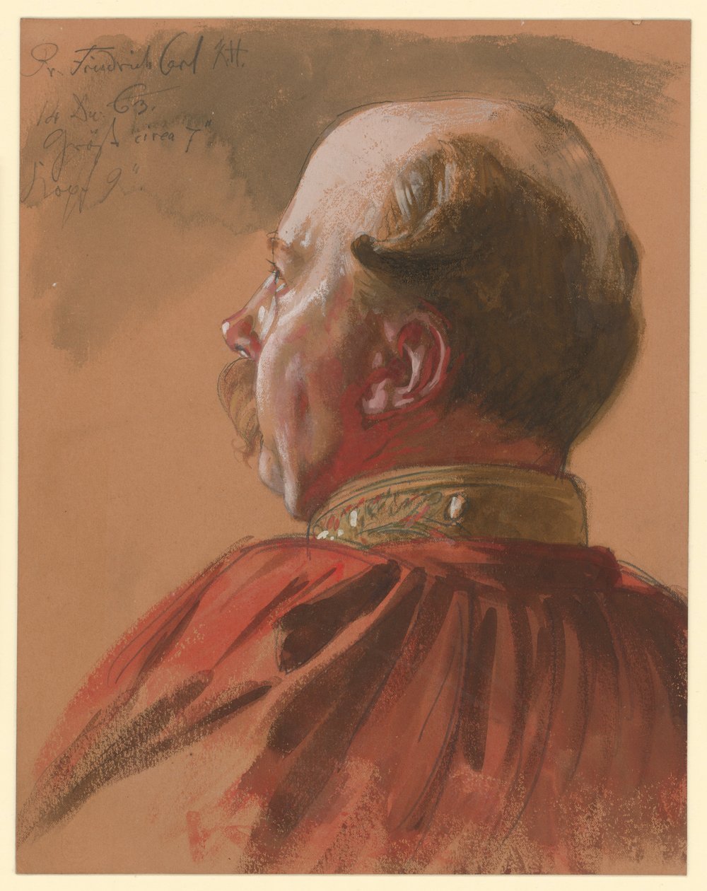 Príncipe Frederico Carlos da Prússia, perfil para a esquerda parcialmente cortado, estudo de retrato para «A coroação de Guilherme I em Königsberg» de Adolph Menzel