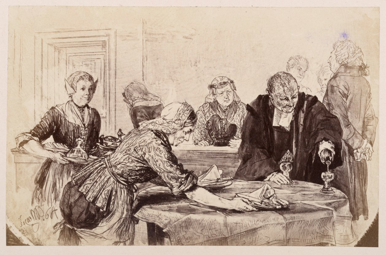 Pausa para o pequeno-almoço. As criadas põem a mesa, o Adam serve as bebidas. À esquerda, o juiz anda impacientemente de um lado para o outro, em referência a «O jarro partido», de Heinrich von Kleist. de Adolph Menzel