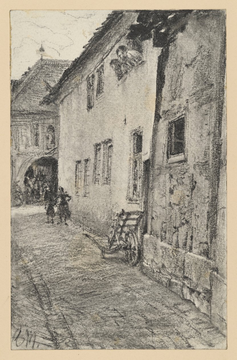 Beco com vista para uma passagem em arco de volta perfeita através de uma casa de Adolph Menzel