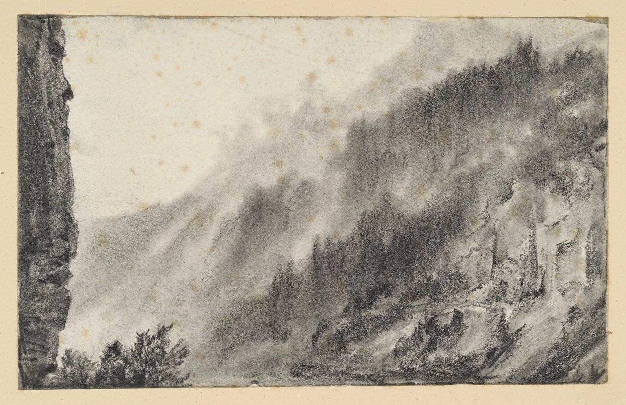 Paisagem montanhosa com névoas ondulantes; à esquerda, uma parede rochosa imponente de Adolph Menzel