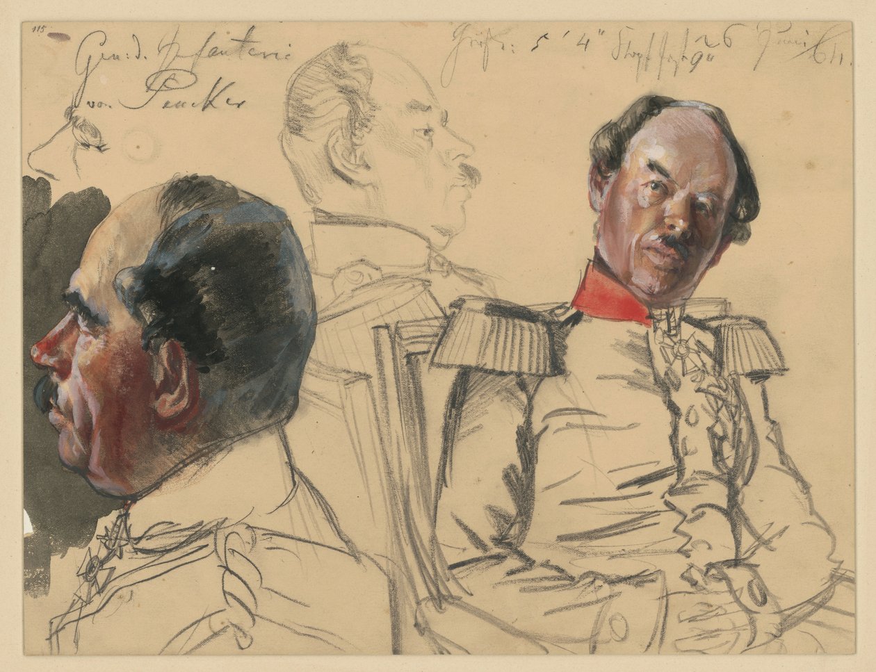 General da Infantaria Eduard von Peucker, 1.º esboço da cabeça, de perfil para a esquerda; 2.º retrato de busto ligeiramente virado para a direita, com o olhar voltado para a esquerda; entre ambos, esboço da cabeça, de perfil para a direita; esboços de Por de Adolph Menzel