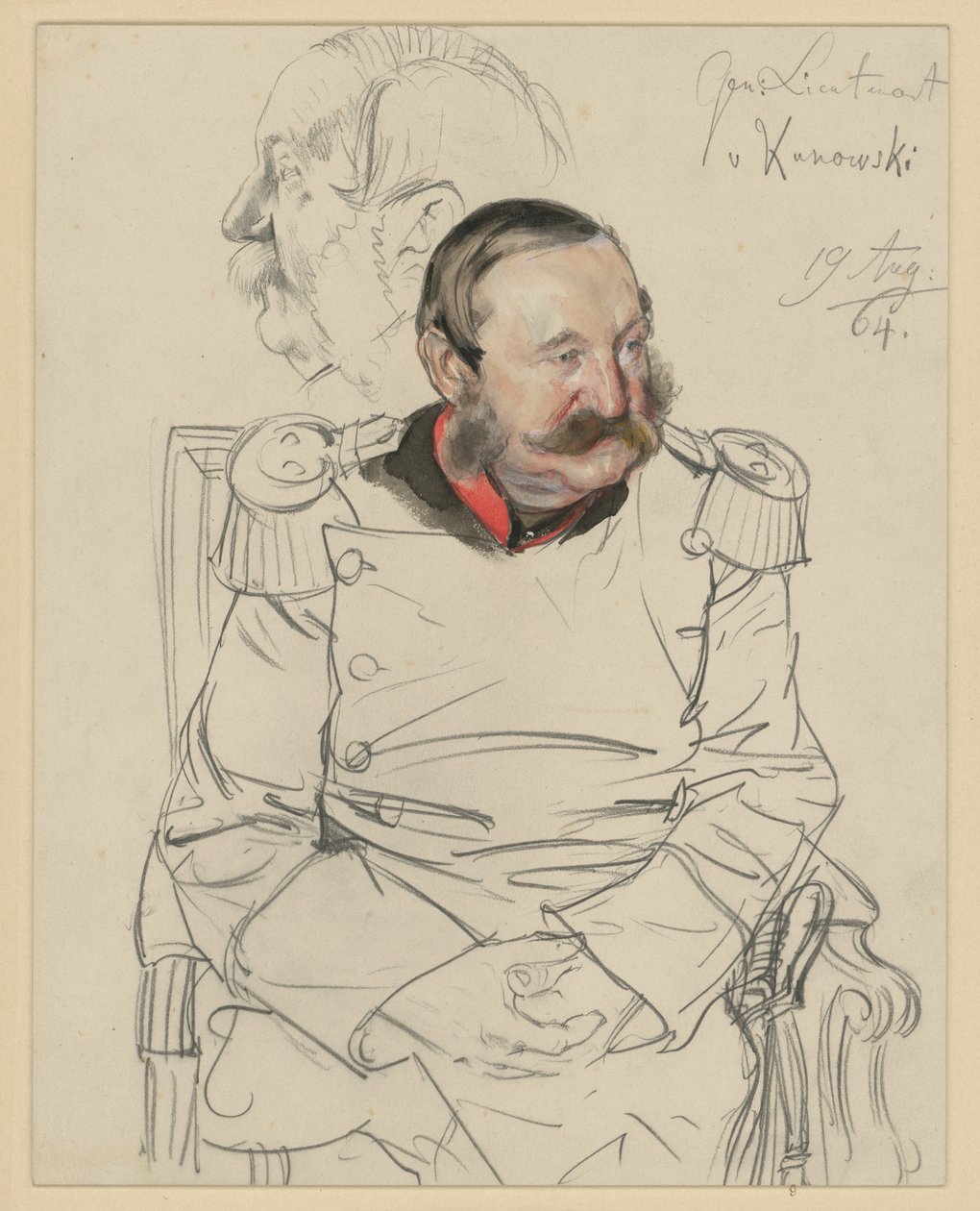 Tenente-general von Kumowski, joelho, sentado de frente, cabeça inclinada para a esquerda; à esquerda: estudo da cabeça de perfil para a esquerda, estudo de retrato para «A Coroação de Guilherme I em Königsberg» de Adolph Menzel