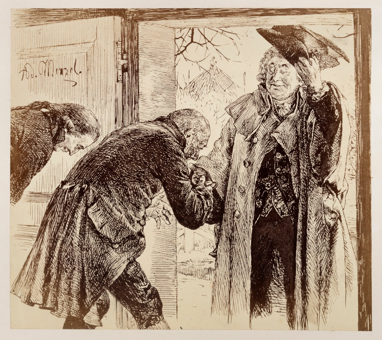 O juiz Walter entra pela porta pela direita, levantando o chapéu num gesto cordial, sendo recebido com deferência por Adam e Licht, na peça de Heinrich von Kleist «O jarro partido» de Adolph Menzel