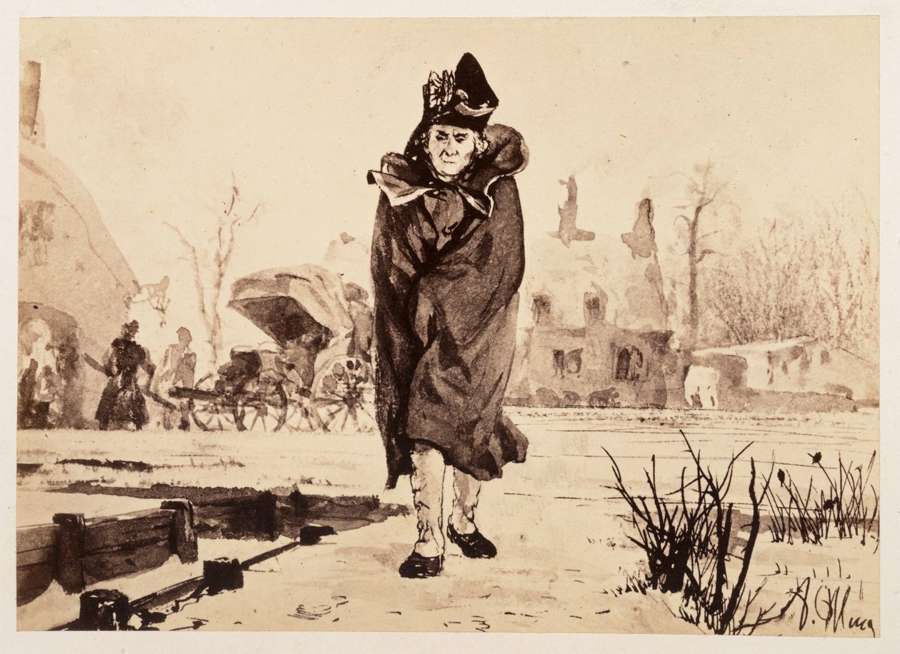 O conselheiro Walther avança, envolto no seu manto. Atrás, a sua carruagem de viagem desatrelada, para «O cântaro quebrado», de Heinrich von Kleist de Adolph Menzel