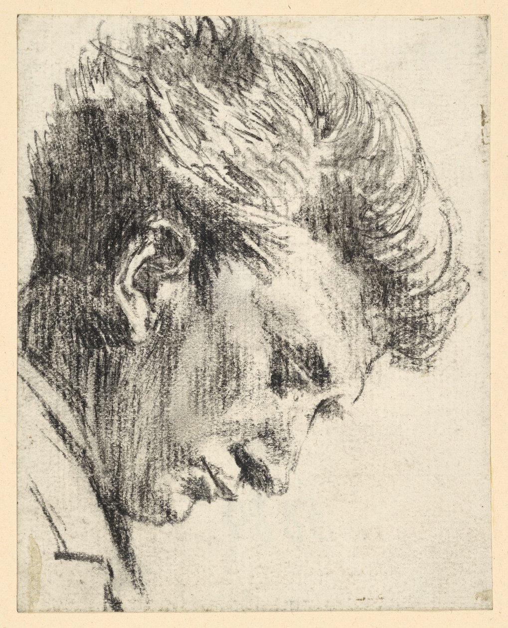 Perfil do rosto de um homem que olha para baixo de Adolph Menzel