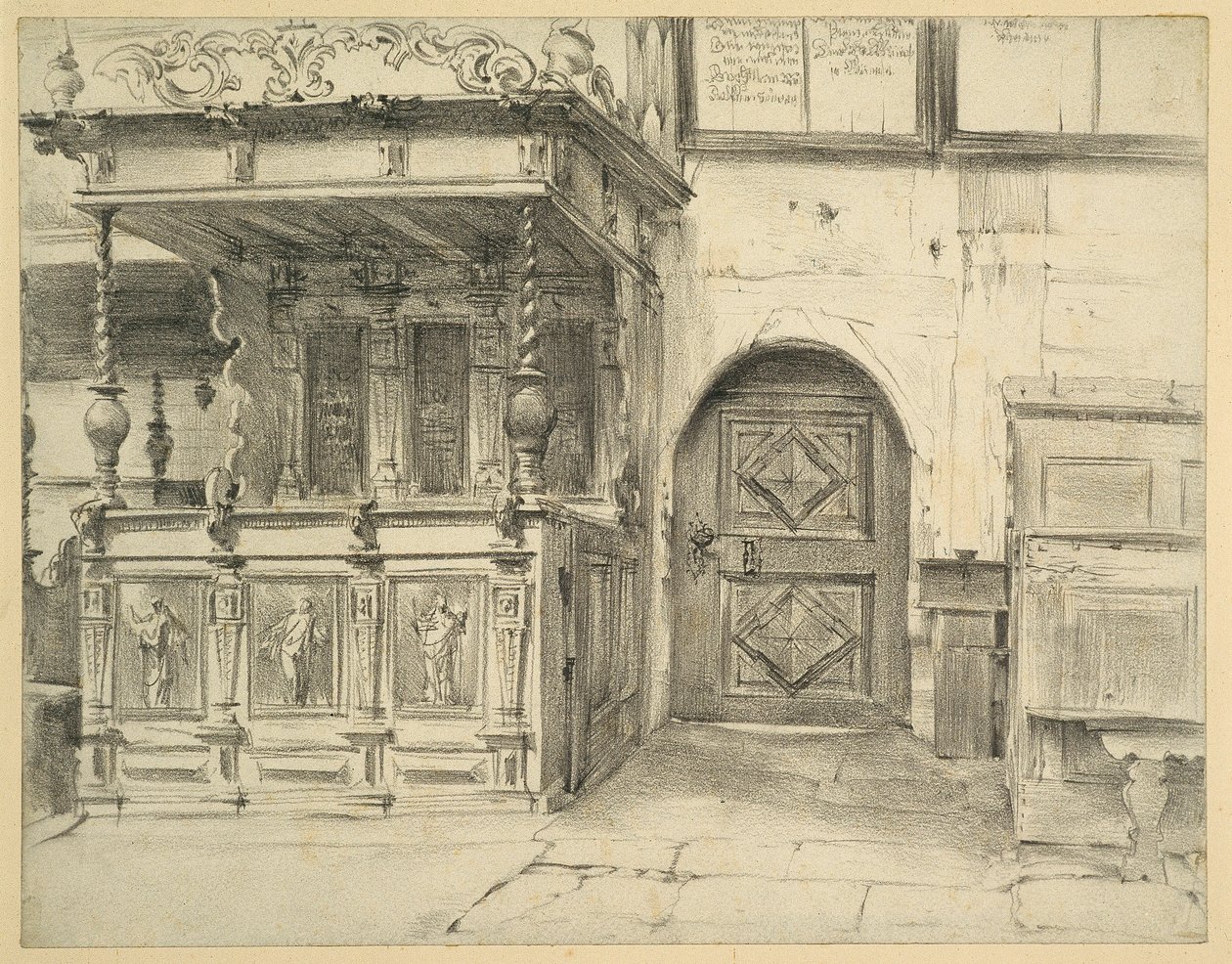 Bancos e porta da Igreja da Paz, em Jauer de Adolph Menzel