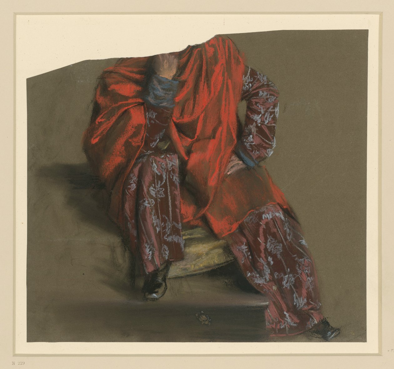 Estudo do vestuário de uma figura masculina sentada de frente, com uma saia comprida às flores e um xale vermelho de Adolph Menzel