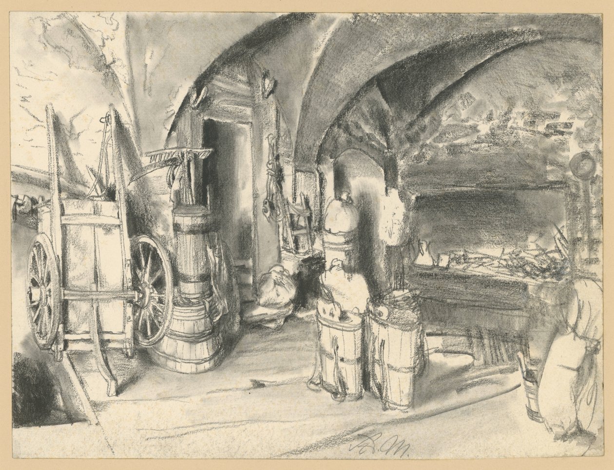 Sala abobadada com utensílios domésticos e agrícolas de Adolph Menzel
