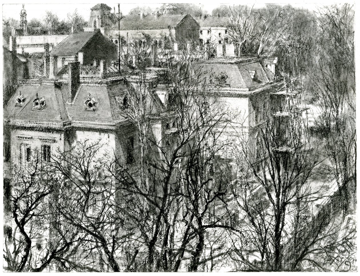Casas atrás de árvores despidas de Adolph Menzel