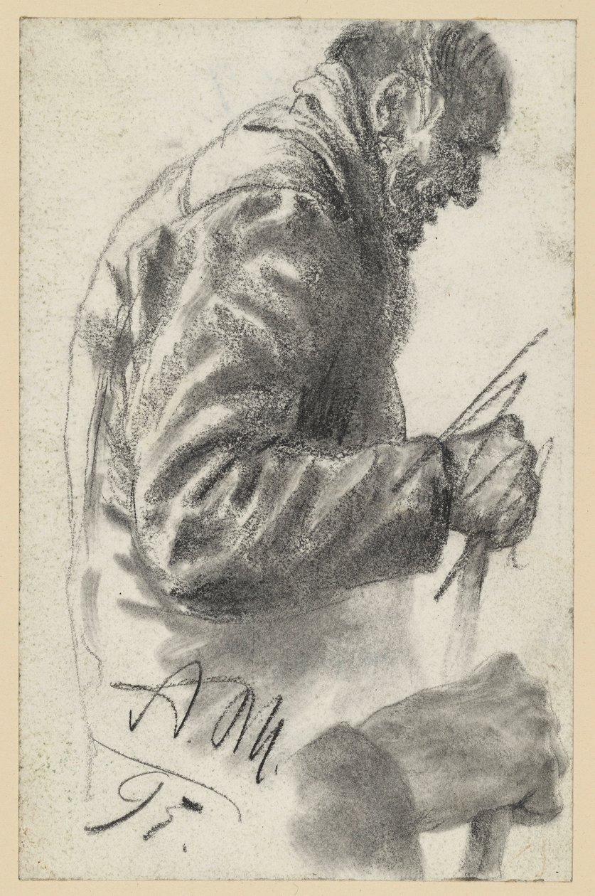 Meia-figura de um velho com bengala, cuja mão direita foi descartada e repetida por baixo de Adolph Menzel
