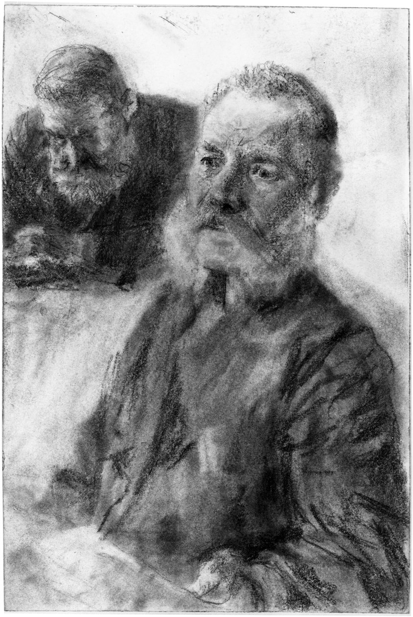 Figura de meio-corpo de um homem barbudo, ao fundo outro retrato de busto de um homem barbudo de olhar baixo de Adolph Menzel