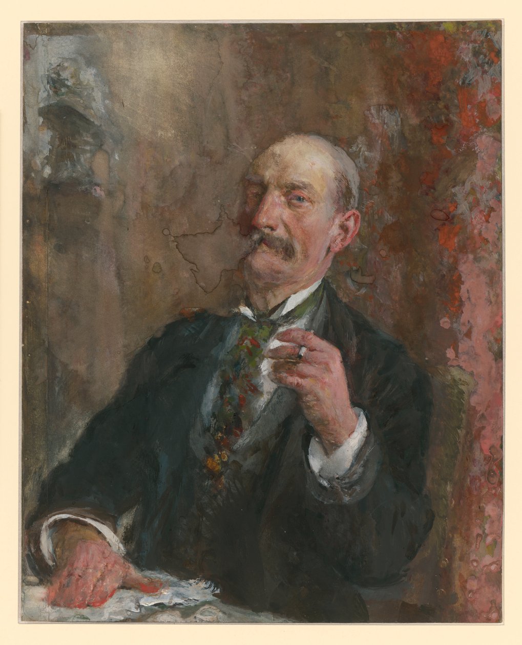 Meia figura de um homem sentado, com a mão direita pousada sobre o tampo da mesa à sua frente, segurando um cigarro na esquerda de Adolph Menzel