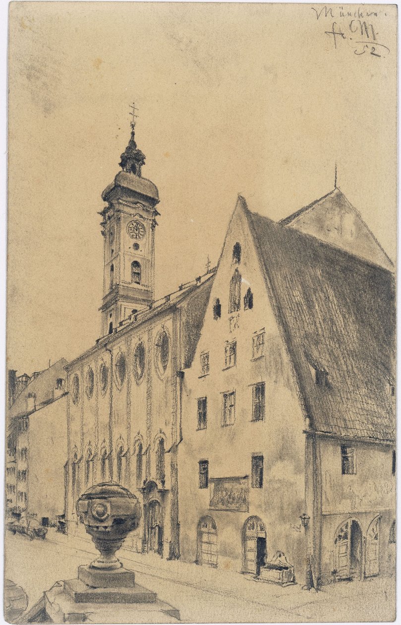 Igreja do Espírito Santo, com o antigo edifício feminino do hospital, na Kaufinger Straße, em Munique de Adolph Menzel