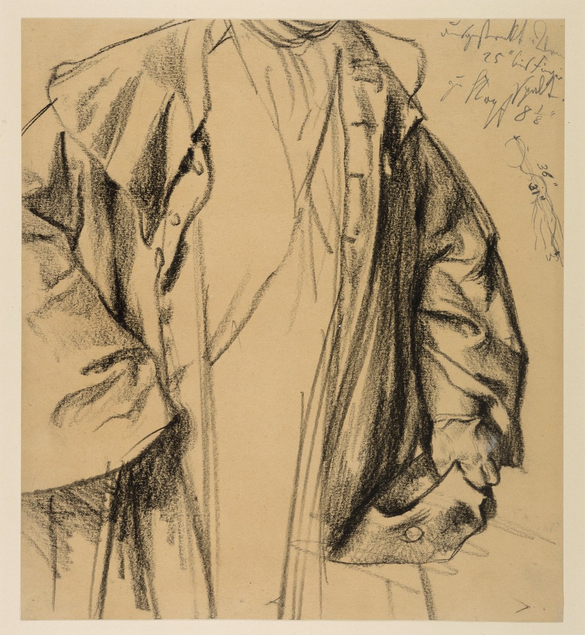 Heinrich von Kleist, «O Jarro Partido»: Estudo de modelo de um oficial com casaco, sem representação da cabeça, figura de meio corpo com chapéu na mão esquerda e bengala na direita de Adolph Menzel