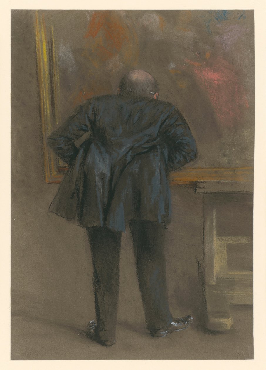 Homem inclinado para a frente, em frente a um quadro; figura vista de costas de Adolph Menzel