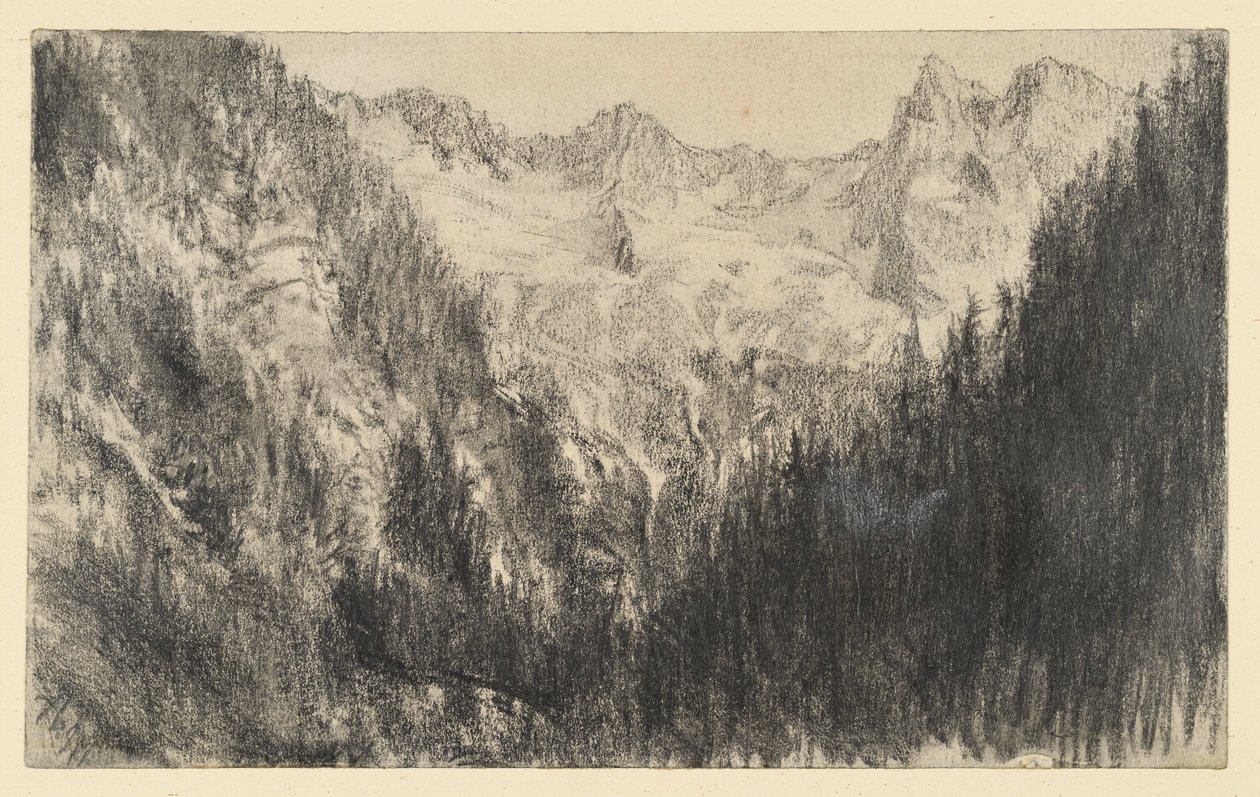 Alta montanha com floresta de abetos em primeiro plano de Adolph Menzel