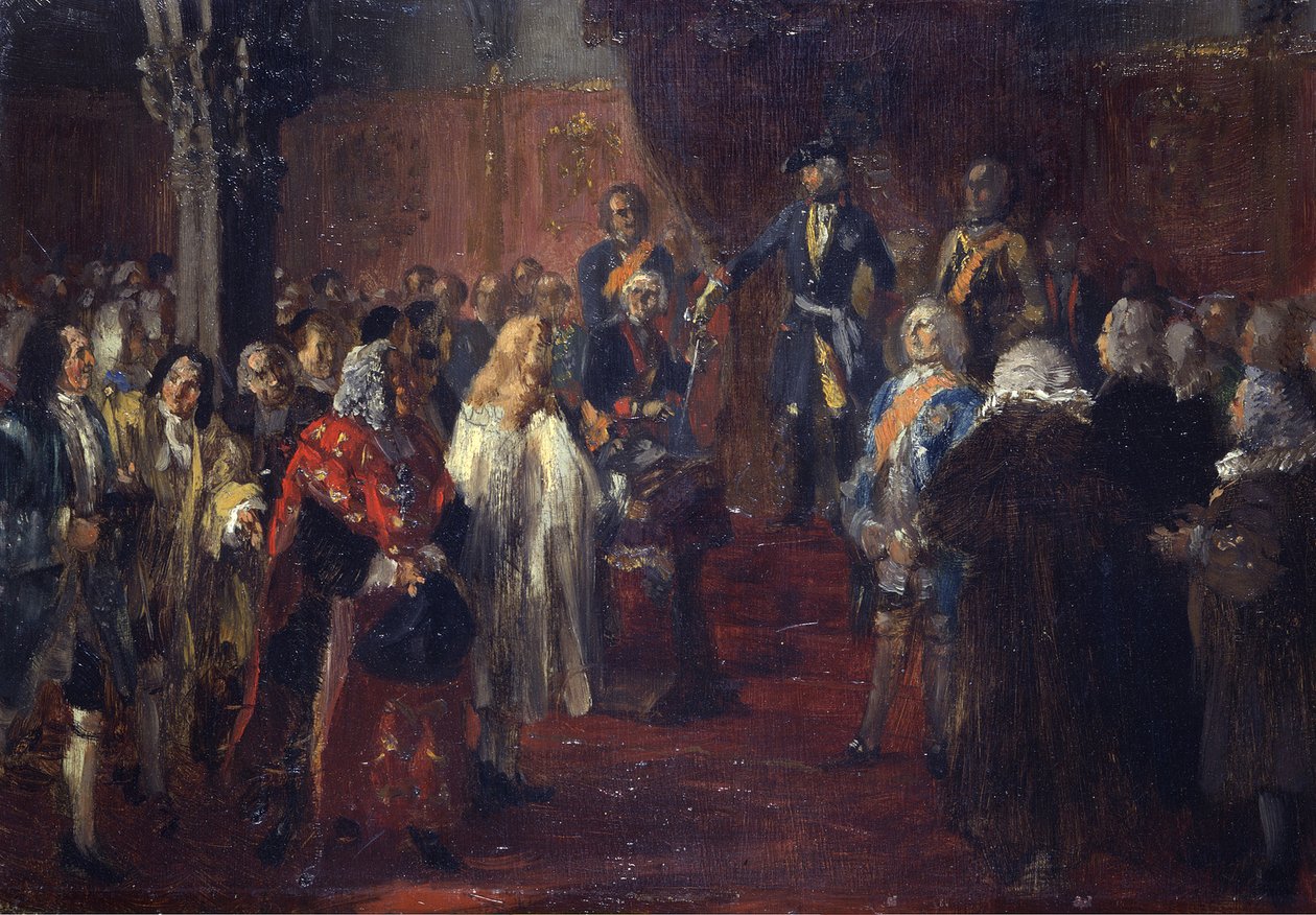 Homenagem dos Estados da Silésia perante Frederico II em Breslávia, em 1741. Esboço de Adolph Menzel