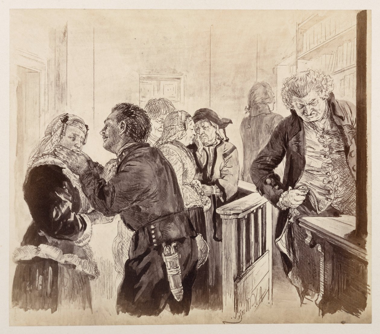 Na sala do tribunal, após a fuga de Adam. O juiz olha para o relógio. Eve e Ruprecht reconciliam-se, com base na obra de Heinrich von Kleist «O jarro partido» de Adolph Menzel
