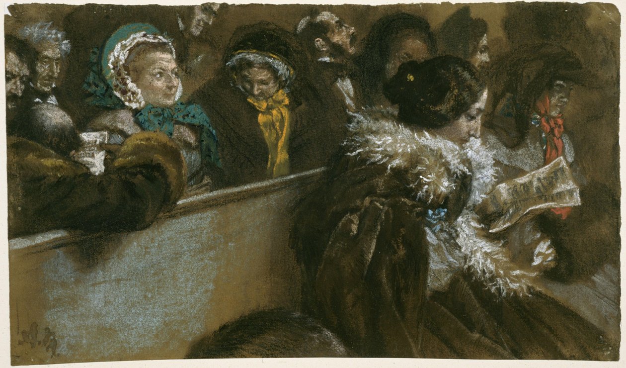 Na igreja, grupos de mulheres e homens, vestidos com trajes sociais, sentados nos bancos a ouvir de Adolph Menzel