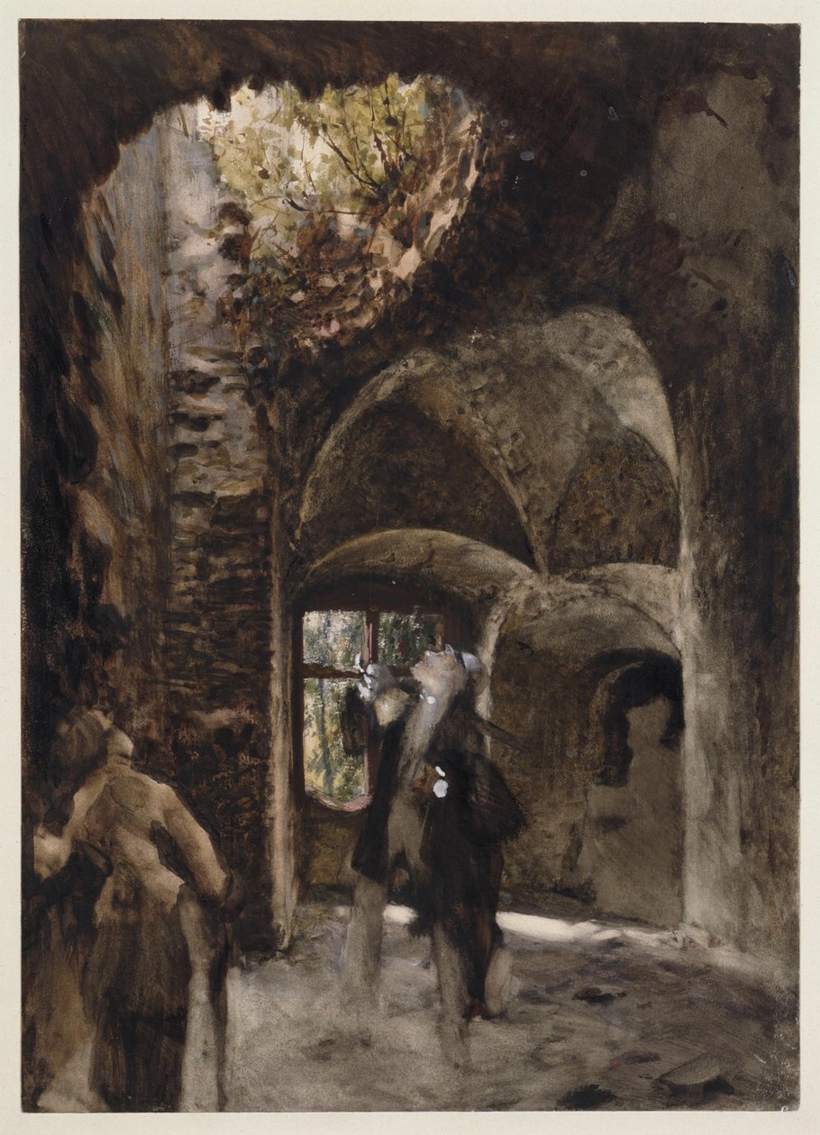 Nas ruínas, um senhor e uma senhora estão num patamar e olham para cima, para um grande buraco na abóbada de Adolph Menzel