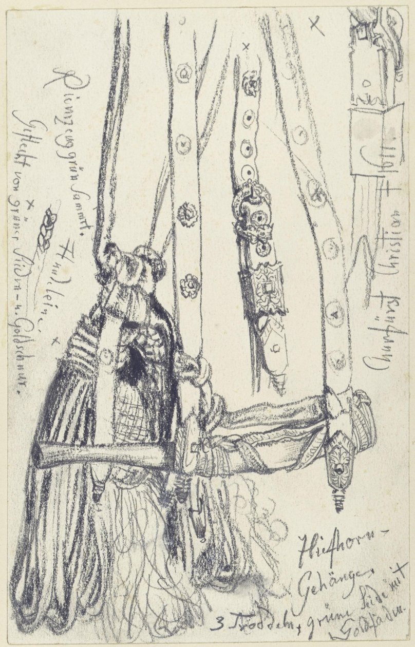 Trompa de caça, correia para trompa e cordão para trompa do conjunto de armas de caça com esmeraldas de João Jorge I da Saxónia, Museu Histórico, Dresden de Adolph Menzel