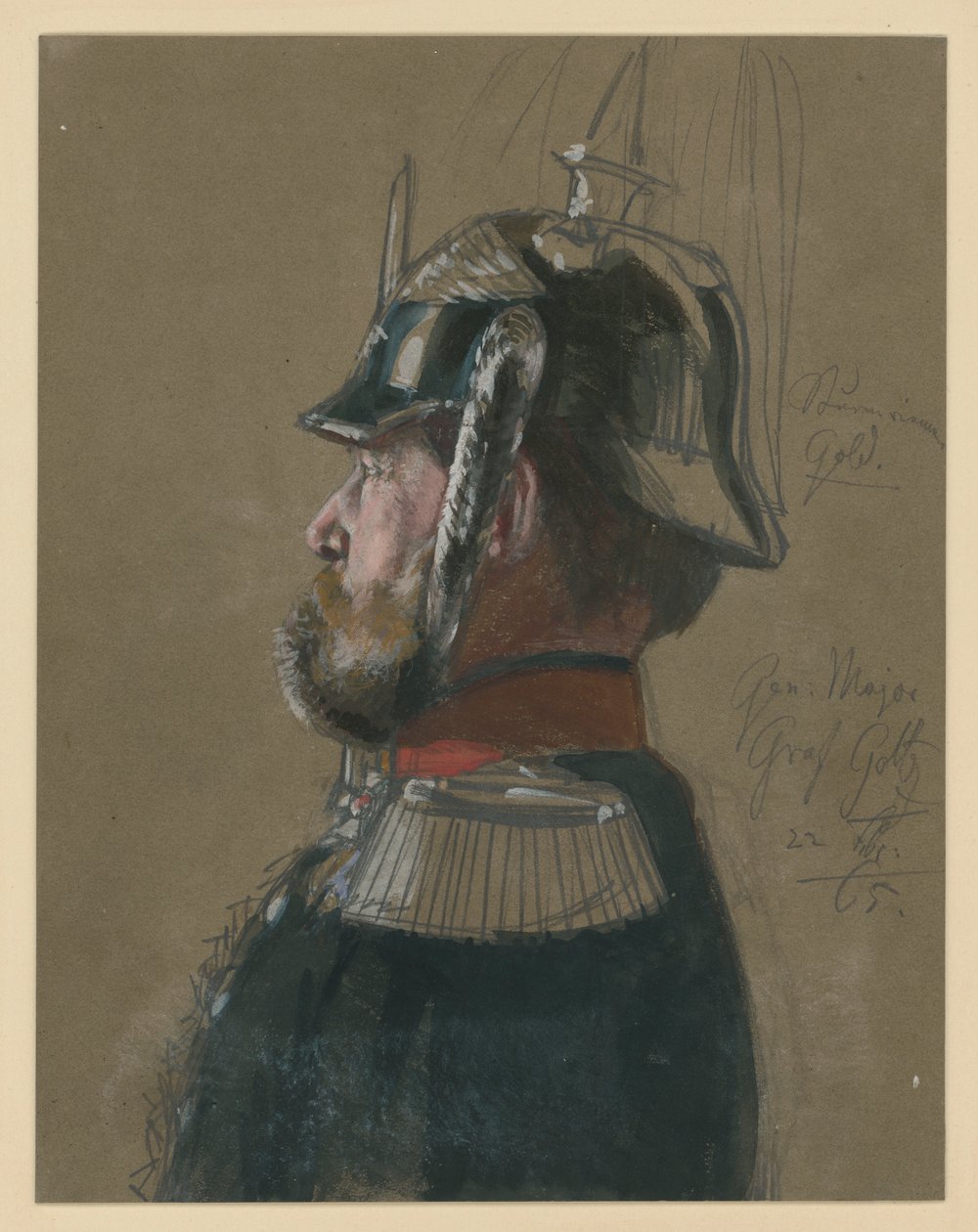 Karl Friedrich conde von Goltz, major-general, retrato de busto com capacete e espada, perfil voltado para a esquerda, estudo de retrato para «A coroação de Guilherme I em Königsberg» de Adolph Menzel