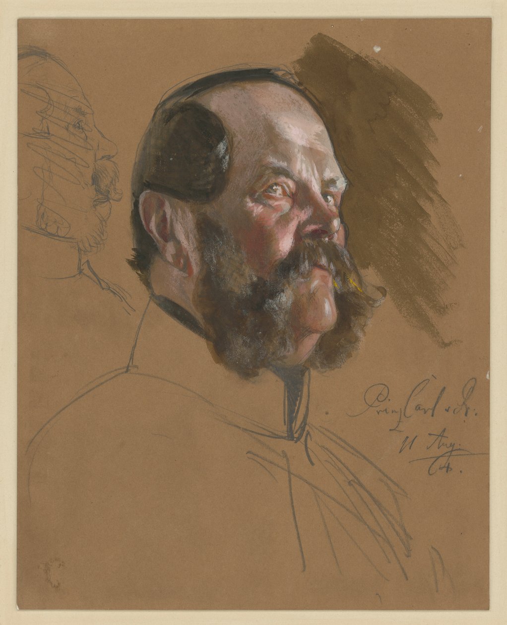 Carlos, Príncipe da Prússia, retrato de peito, perfil de 3/4 para a direita, visto de baixo para cima; à esquerda: rosto de perfil para a direita (riscado), esboço para «A Coroação de Guilherme I em Königsberg» de Adolph Menzel