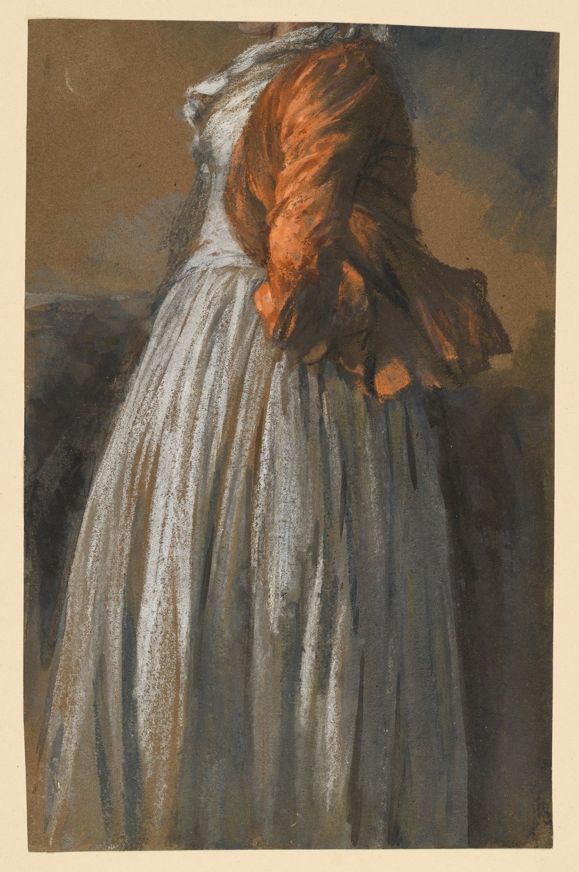 Estudo do vestido e do casaco de uma figura feminina de pé, virada para a direita de Adolph Menzel