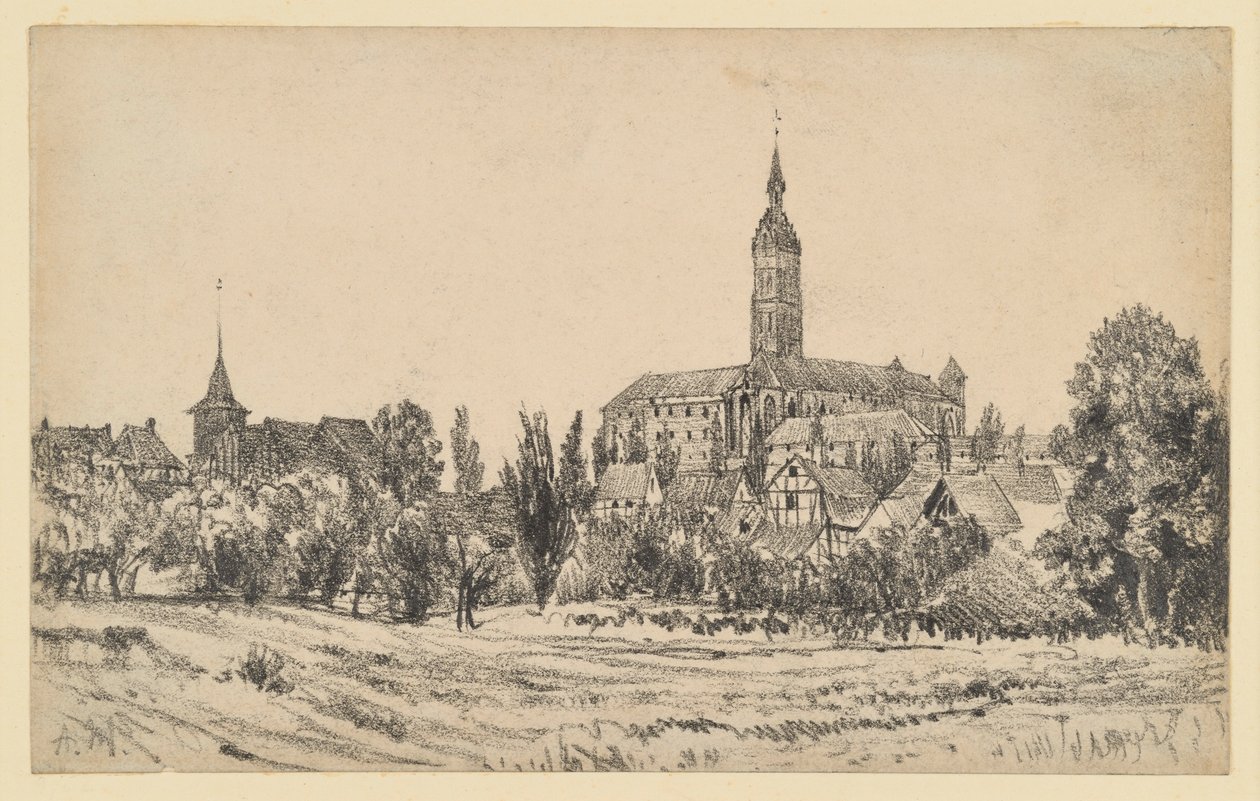 Pequena cidade com uma torre de igreja alta de Adolph Menzel
