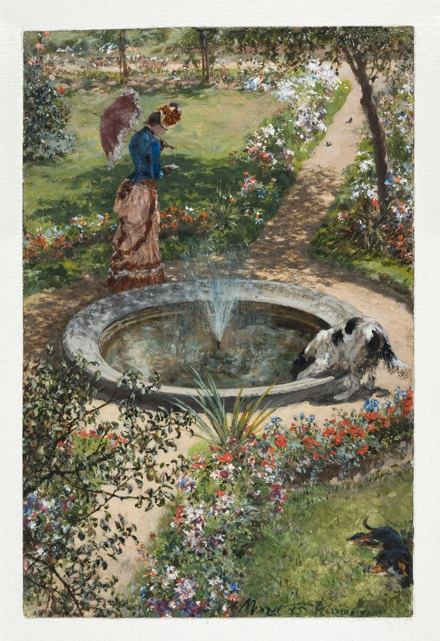 Uma mulher a passear à volta da fonte no jardim termal de Kissingen de Adolph Menzel