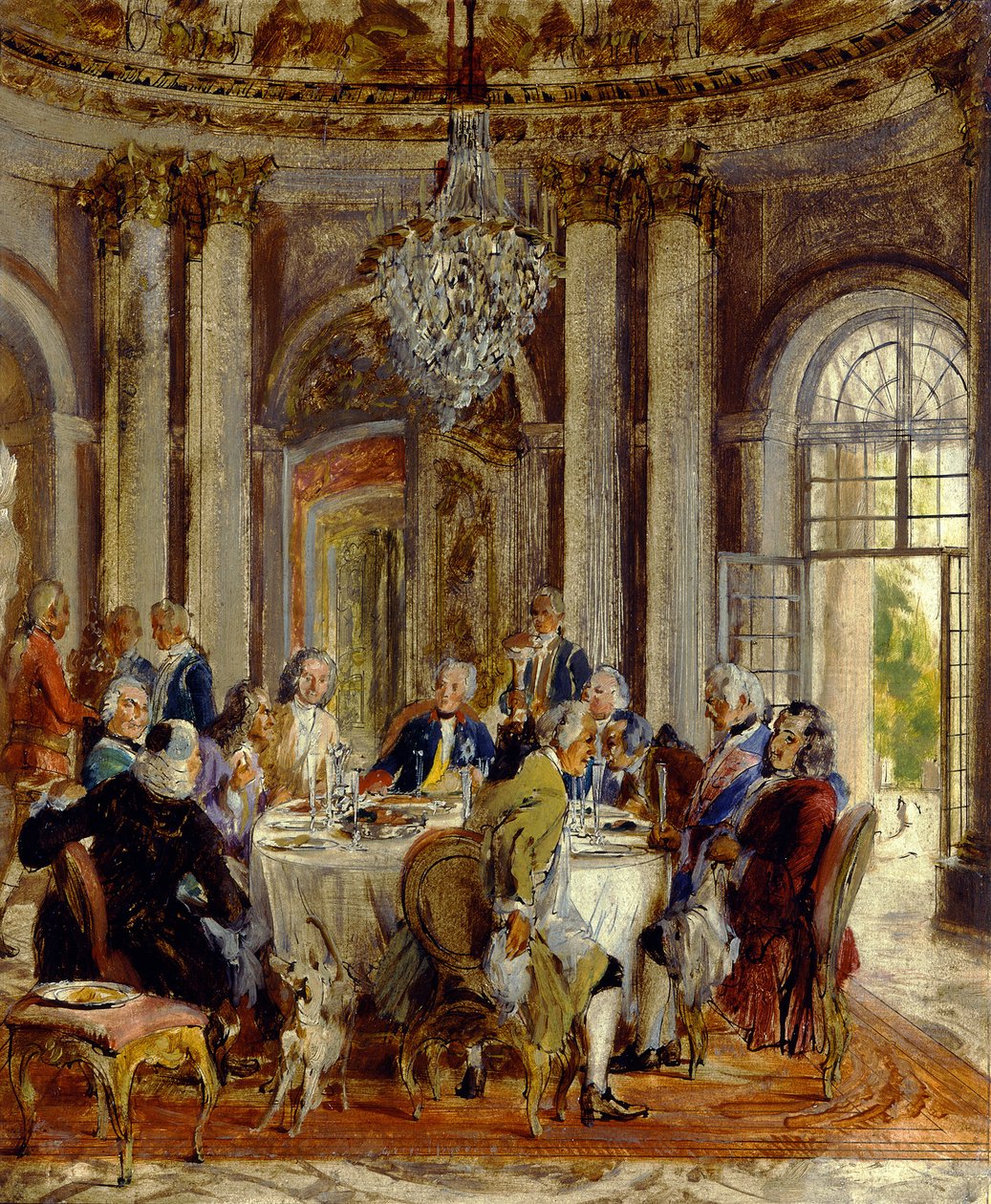 A mesa redonda do rei Frederico II em Sanssouci. Esboço de Adolph Menzel