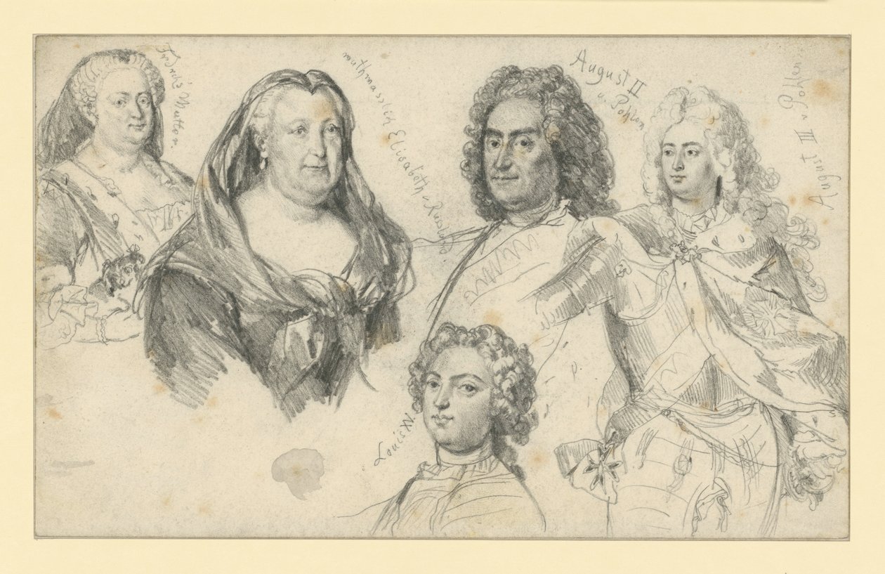 Rainha Sofia Doroteia da Prússia, imperatriz Isabel da Rússia, rei Augusto II da Polónia, rei Augusto III da Polónia, Luís XV de França de Adolph Menzel
