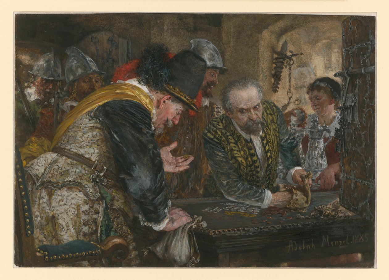 Contribuição, soldados - à esquerda o seu capitão - recebem dinheiro e prata de um homem idoso de Adolph Menzel