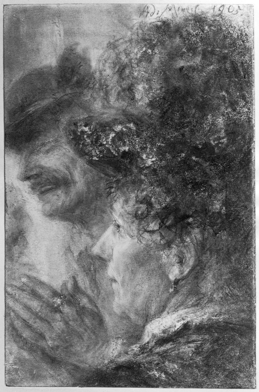Cabeça de uma senhora com chapéu e retrato de meio corpo de um homem sorridente com chapéu redondo de Adolph Menzel