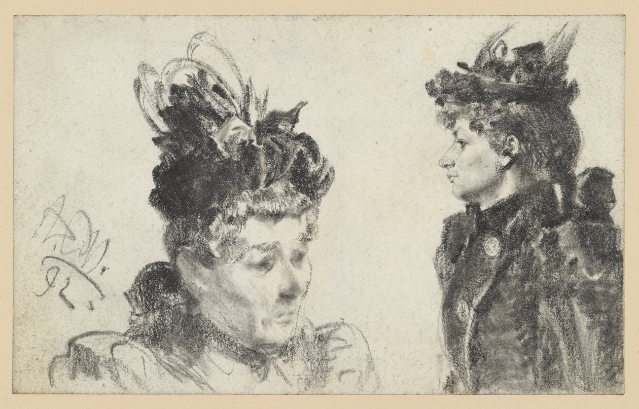 Cabeça de mulher com chapéu de plumas voltada para a direita, retrato de busto de mulher com chapéu de perfil voltado para a esquerda de Adolph Menzel